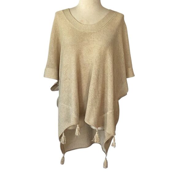 By Marlene Birger Revolve Linen Knit Pancho Oversized Sweater Sm Tassels - Picture 1 of 7